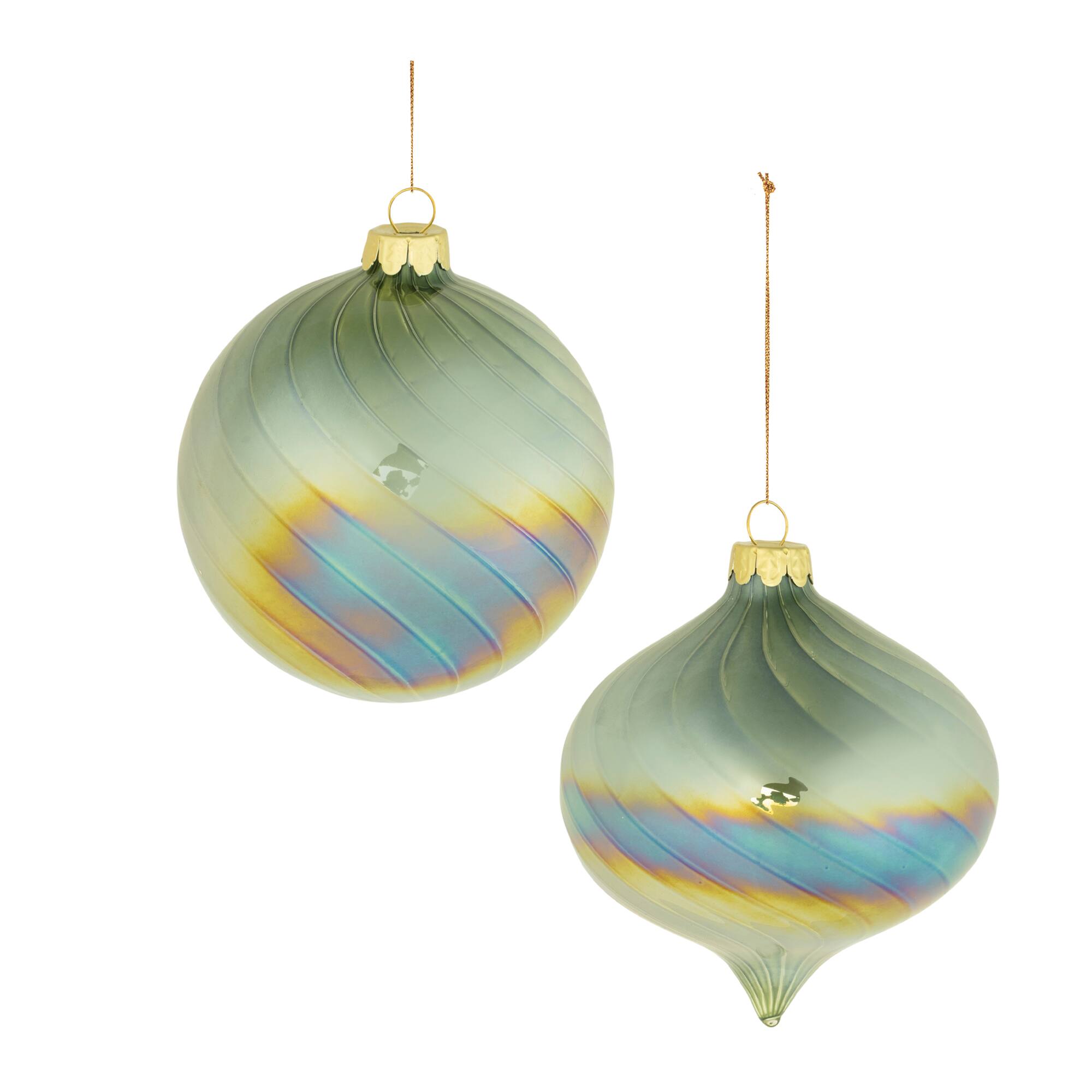 4.5" Green Iridescent Swirled Glass Ornament Set